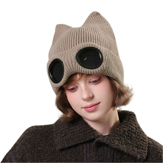 Fall Winter Beanies Skullies Knitted Hat Cute Cat Ear Hat Warm Solid Color For Women With Sunglasses Windproof Couples Cap Fashion Flying Ski Hats