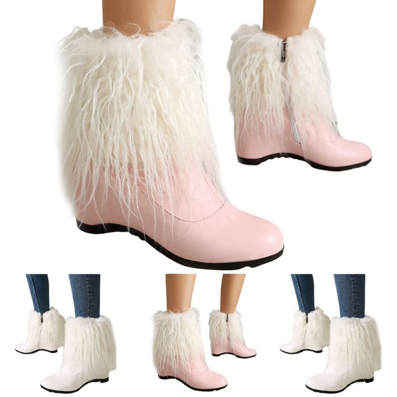 Fall Winter Boots for Women Furry Fringe Round Toe Hidden Wedge Ankle Boots Inner Height Increase Ladies Shoet Booties with Side Zipper