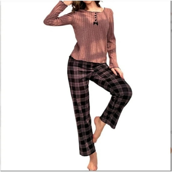Fall/Winter Buttoned Bowknot Long-Sleeved Plaid Pants Home Set for Women