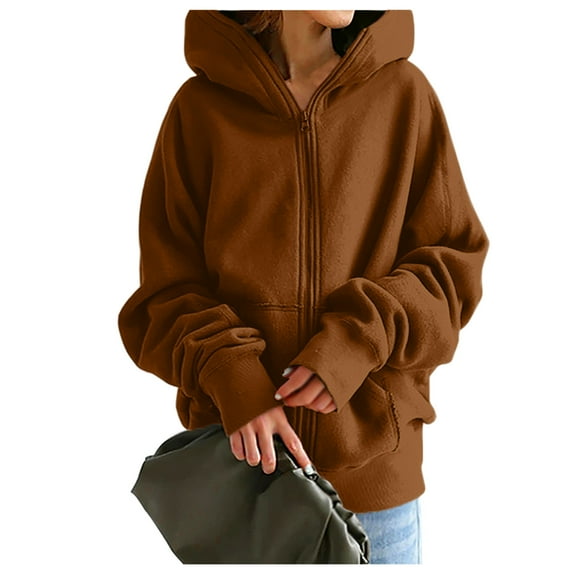 Fall Winter ZQGJB Plus Size Womens Hooded Long Coat with Zipper Casual Long Sleeve Solid Color Athletic Sweatshirts Loose Hoodie Top #02-Coffee XXL