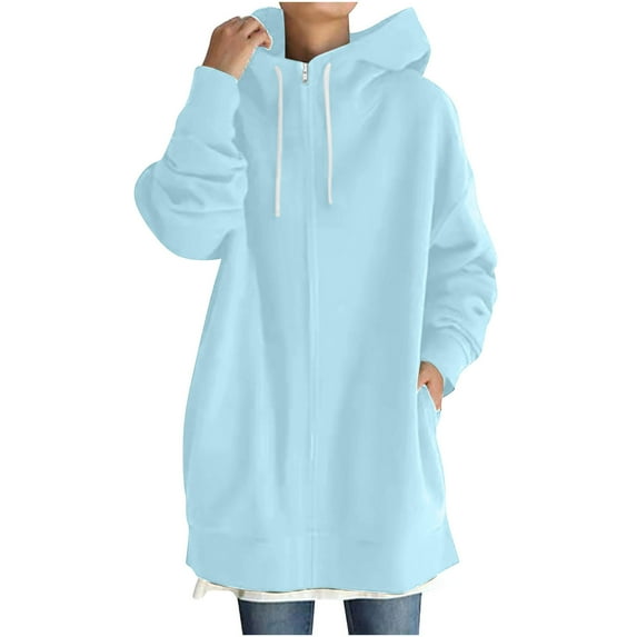 Fall Winter Clearance! ZQGJB Plus Size Womens Hooded Long Coat with Zipper Casual Long Sleeve Solid Color Athletic Sweatshirts Loose Hoodie Top #03-Light Blue L