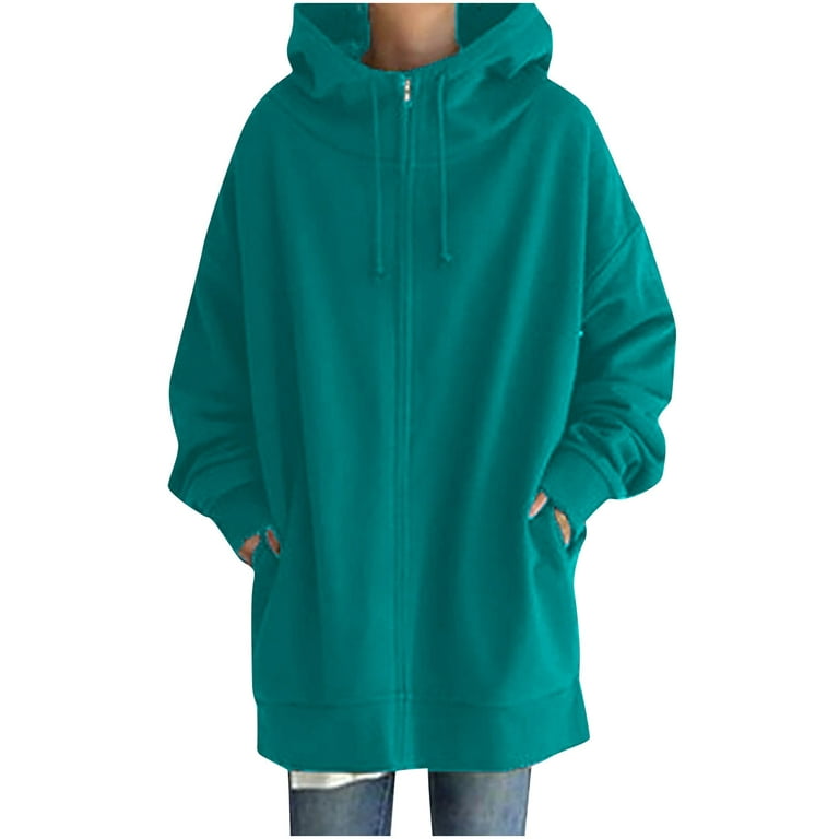 ZQGJB Clearance Womens Long Hooded Trench Coat Plus Size Casual Long Sleeve  Full Zip Up Hoodie Sweatshirts Lightweight Solid Color Pullover Tops with