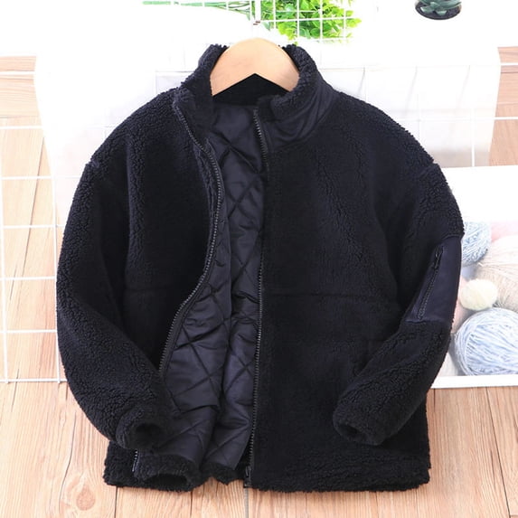 Fall Winter Coat Zip Up Fleece Jacket with Pockets Warm Plush Boys Girls Cute Tops (Black 4-5 Years)
