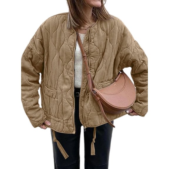 Fall Winter Collarless Women Casual Crewneck Zipper Coat Lightweight Quilted Jacket