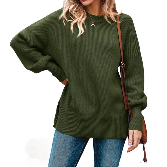 Fall Winter Crewneck Women Casual Knit Sweater Ribbed Side Slit Loose Pullover