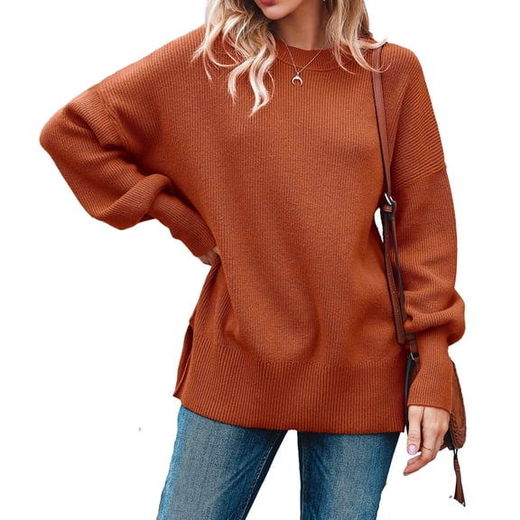 Fall Winter Crewneck Women Casual Knit Sweater Ribbed Side Slit Loose Pullover