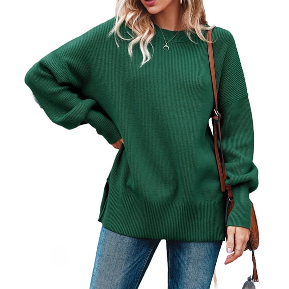Fall Winter Crewneck Women Casual Knit Sweater Ribbed Side Slit Loose Pullover