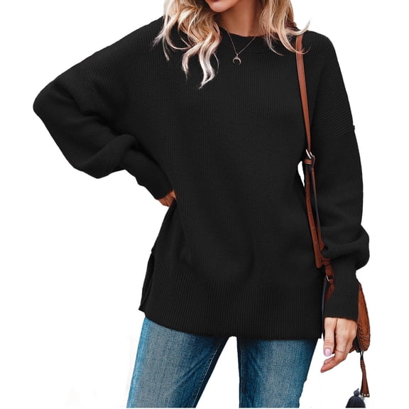 Fall Winter Crewneck Women Casual Knit Sweater Ribbed Side Slit Loose Pullover