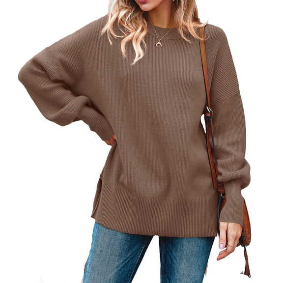 Fall Winter Crewneck Women Casual Knit Sweater Ribbed Side Slit Loose Pullover