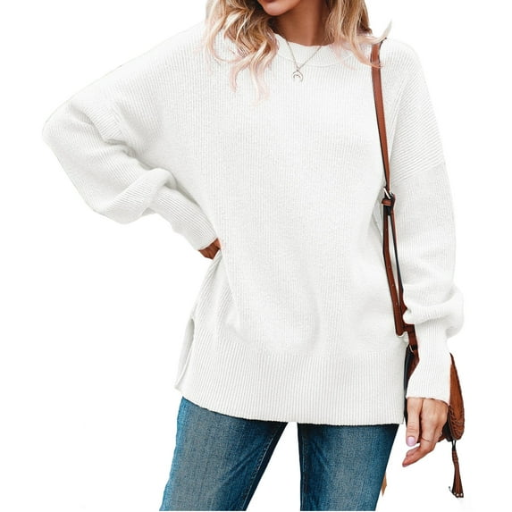 Fall Winter Crewneck Women Casual Knit Sweater Ribbed Side Slit Loose Pullover
