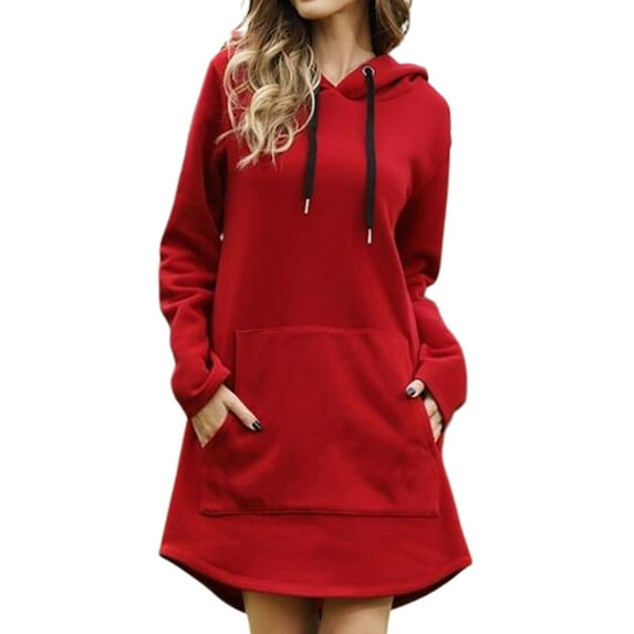 Fall Winter Dress Hooded Long Sleeves Big Patch Pocket Drawstring Above Knee Length Plus Size Loose Solid Color Thick Mini Dress