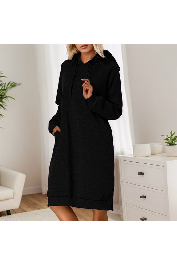 Fall Winter Dresses For Women 2025 Thickening Hooded Pullover Dress Split Hem Long Sleeve Casual Hooded Sweater Dress With Pockets (Black,S)