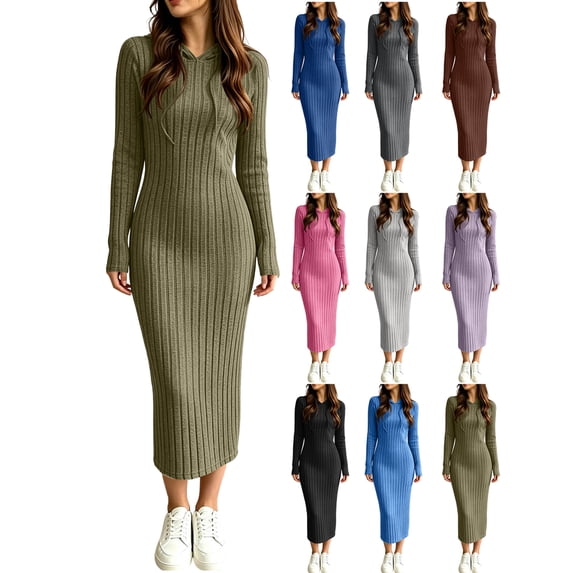 Fall/Winter Dresses for Women Long Sleeve Stylish Hooded Ribbed Knit Dress - Slim Fit Midi Dress with Drawstring Hood, Soft Stretchy Casual Base Layer Dresses