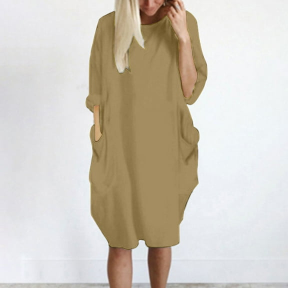 Fall Winter Dresses for Women with Pocket Loose Solid Color Dress Round Neck Casual Long Tops Dress Plus Size Skirts for Women Soft Midi Length Stretchable Soft Nightdress Comfortable Dresses