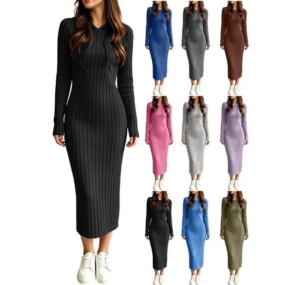 Fall/Winter Dresses for Women Long Sleeve Hooded Ribbed Knit Dress - Slim Fit Midi Dress with Drawstring Hood Winter Base Layer Outfits