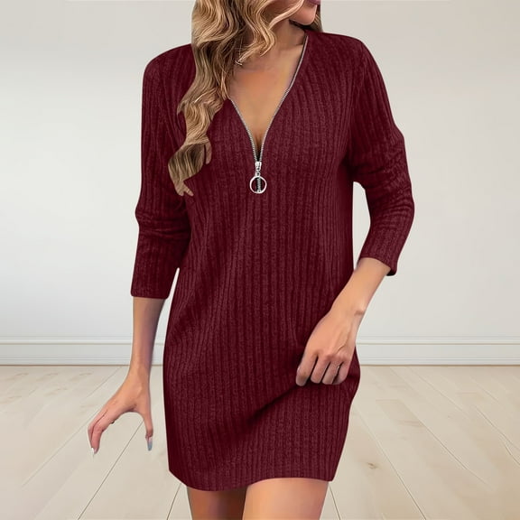 Fall Winter Dresses for Women New Ladies' Fashionable Solid Color Long Sleeve V-Neck Dress Sweatshirt Jumpsuit Long Skirt Style B-8 Wine M