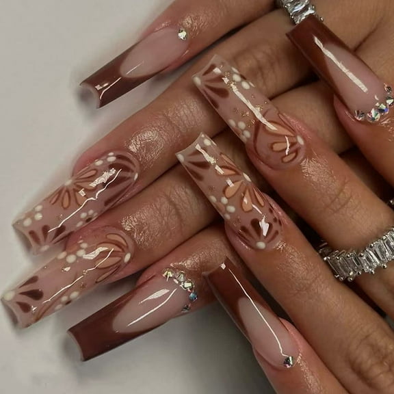 Fall Winter False Nails 24Pcs Long Coffin Glossy Finish French Floral For Daily Wear Easy Installation