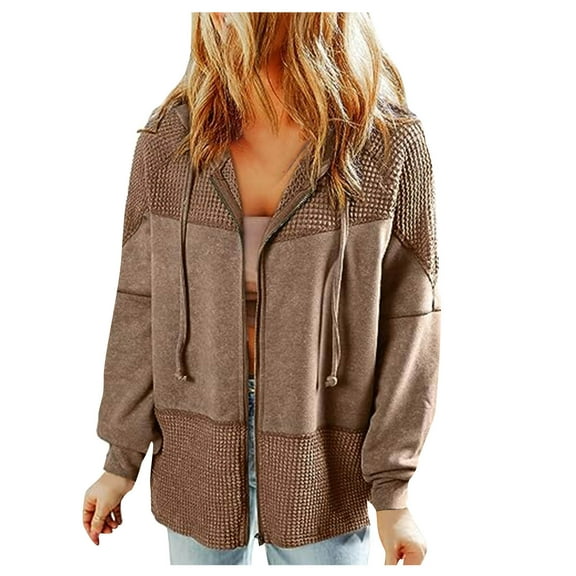 Fall Winter Fashion Long Sleeve Jackets for Women Casual Patchwork Full Zipper Drawstring Hooded Sweatshirt Coat(Brown,XL)