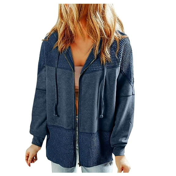 Fall Winter Fashion Long Sleeve Jackets for Women Casual Patchwork Full Zipper Drawstring Hooded Sweatshirt Coat(Dark Blue,M)