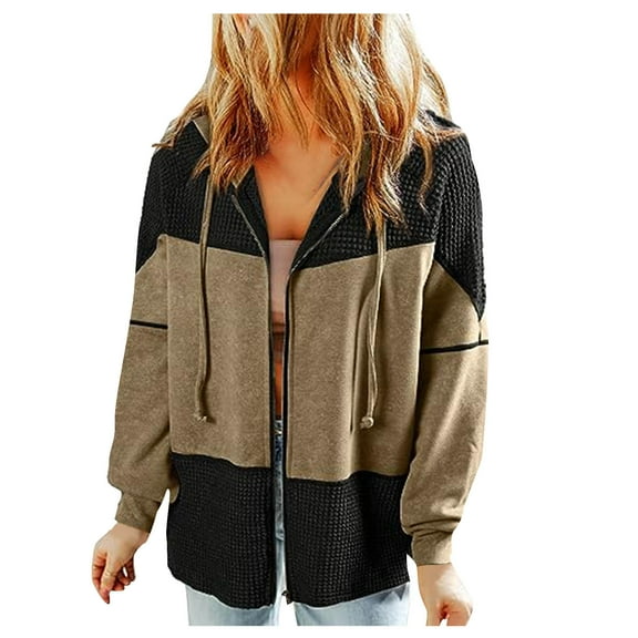 Fall Winter Fashion Long Sleeve Jackets for Women Casual Patchwork Full Zipper Drawstring Hooded Sweatshirt Coat(Khaki,M)