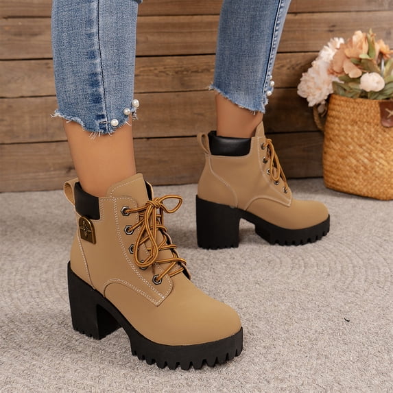 Fall Winter Footwear,Combat Boots for Women - Lace Up Moto Boots with Clean Structured Upper, Streamlined Profile Combat Boots, Chunky Sole Platform Boots, Streetwear Footwear for Fall Winter