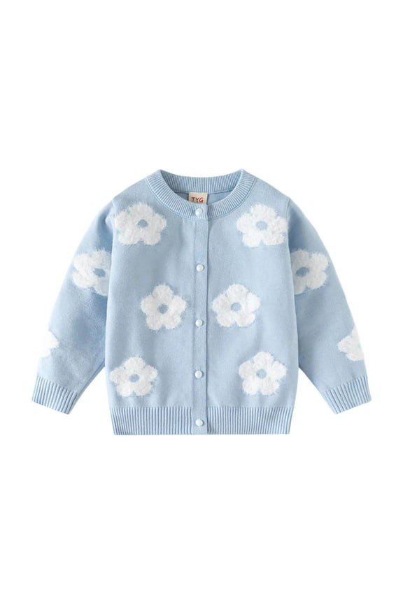 Fall Winter Girl's Long Sleeved Soft Knitted Cardigans Toddle Kids Button Front Flower Sweater Jacket Blue 7Y