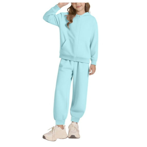 Fall Winter Girls 2 Piece Outfit Drop Shoulder Zip Up Hoodies and Sweatpant Clothing Set