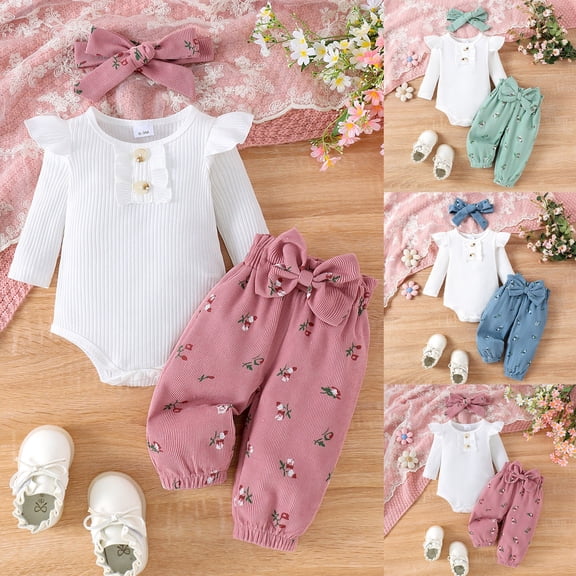 Fall Winter Girls Outfits Casual Long Sleeve Romper Pants Soft Warm Loungewear Kids Two Piece Sets Blue 3-6 M