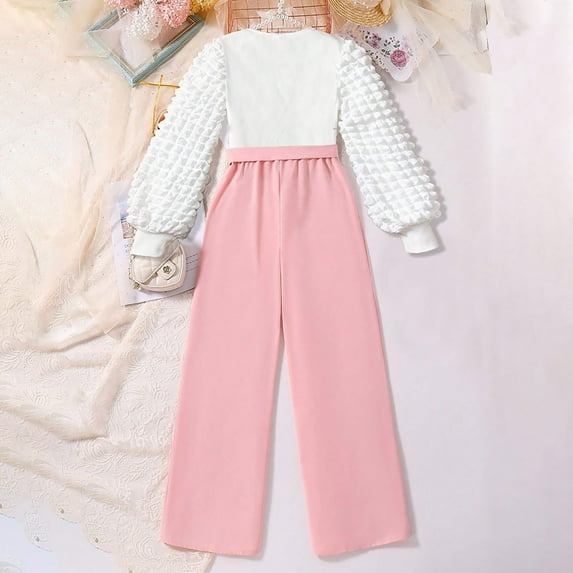 Fall/Winter Girls' Solid Color Crew Neck Long Sleeved Top With Bow Lace Up Wide Leg Pant Suit,Wide Leg Pants Jumpsuit Set(Size:5-6 Years)