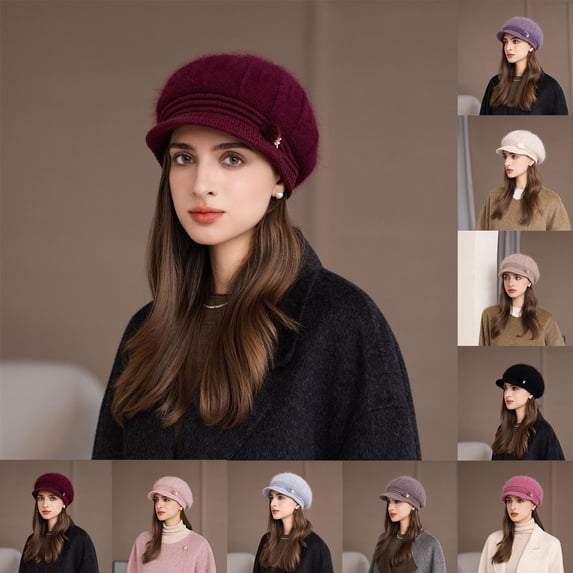 Fall Winter Hats for Women with Brim Knitted Cap Visor Stylish Chunky,One Size