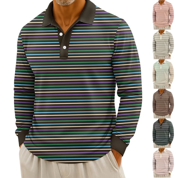 Fall Winter Henley Collar Pullover Sport Top, Men's Casual Striped Print Button Up Long Sleeve Polo Shirt for Seasonal Fashion, Gift and Daily Wear,Brown,3XL