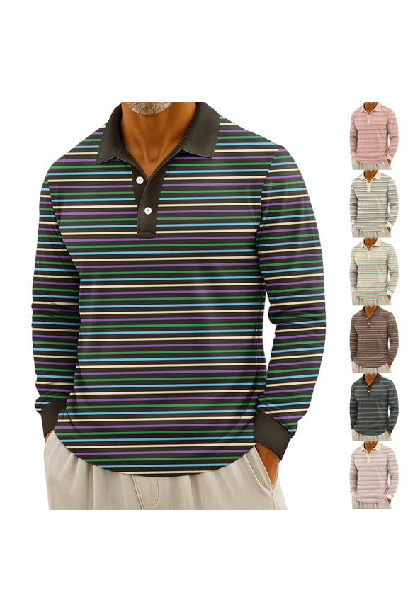 Fall Winter Henley Collar Pullover Sport Top, Men's Casual Striped Print Button Up Long Sleeve Polo Shirt for Seasonal Fashion, Gift and Daily Wear,Khaki,M