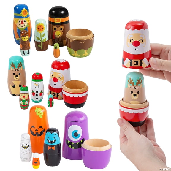 Fall & Winter Holiday Wood Nesting Doll Assortment - 15 Pieces