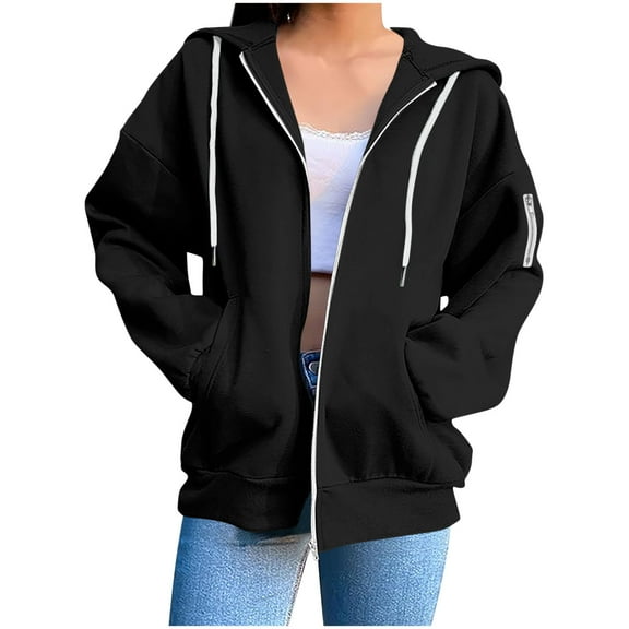 Fall Winter Hoodies for Womens Open-Front Full-Zip Long Sleeve Fleece Sweatshirt Relaxed Fit Lounge Warm Blouses Comfort Casual Sweaters Blouses with Zipper Pockets