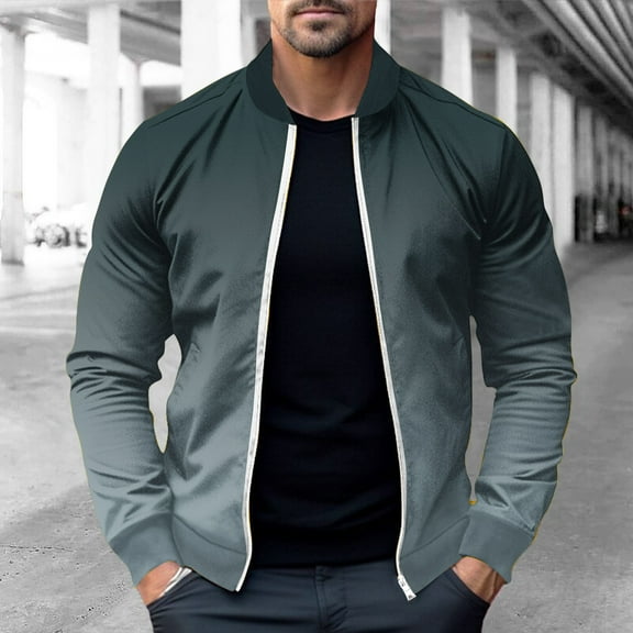 Fall Winter Jackets for Men Full Zip Long Sleeve Coats with Pockets Trendy Gradient Printed Mock Neck Loose Comfort Baseball Outerwear Jacket
