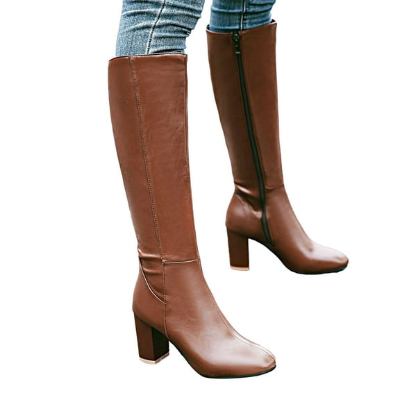 Fall Winter Knee High Boots Women High Block Heel Pointed Toe Leather Zipper Over the Knee Dress Booties