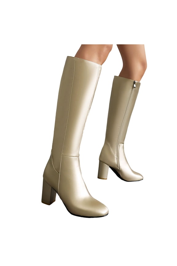 Fall Winter Knee High Boots Women High Block Heel Pointed Toe Leather Zipper Over the Knee Dress Booties