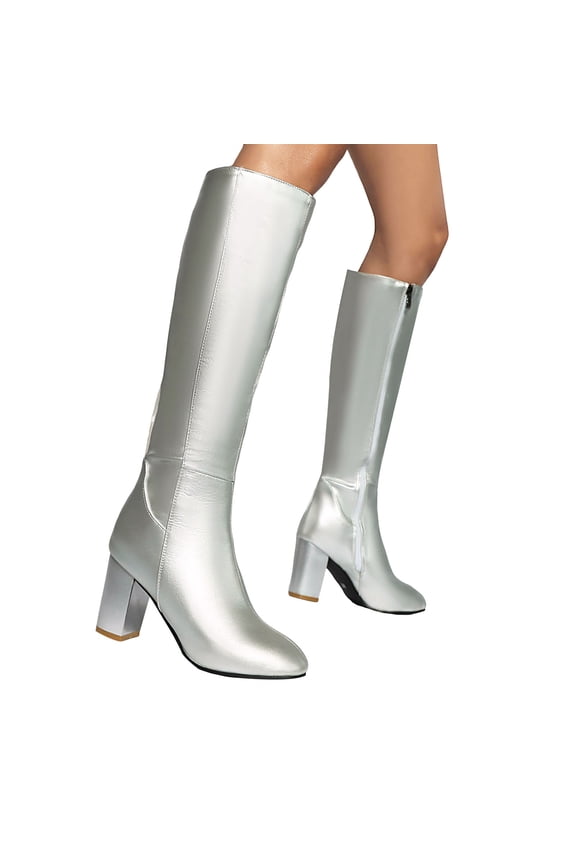 Fall Winter Knee High Boots Women High Block Heel Pointed Toe Leather Zipper Over the Knee Dress Booties