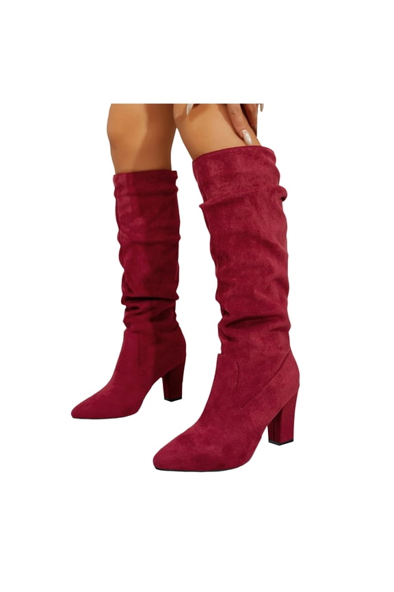 Fall Winter Knee High Boots Women Slouchy Stretch Suede Pointed Toe Block Heel Pull on Over the Knee Booties