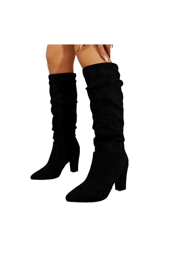 Fall Winter Knee High Boots Women Slouchy Stretch Suede Pointed Toe Block Heel Pull on Over the Knee Booties