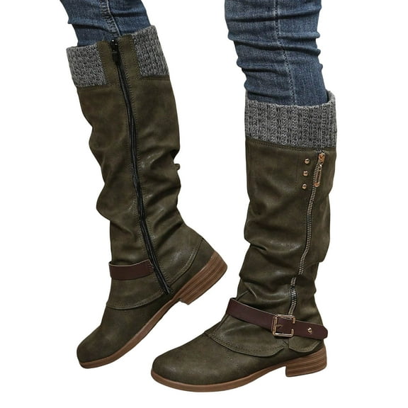 Fall Winter Knee High Slouchy Boots for Women Buckles Knit Patchwork Slouch Wide Mid Calf Fold over Tall Boots