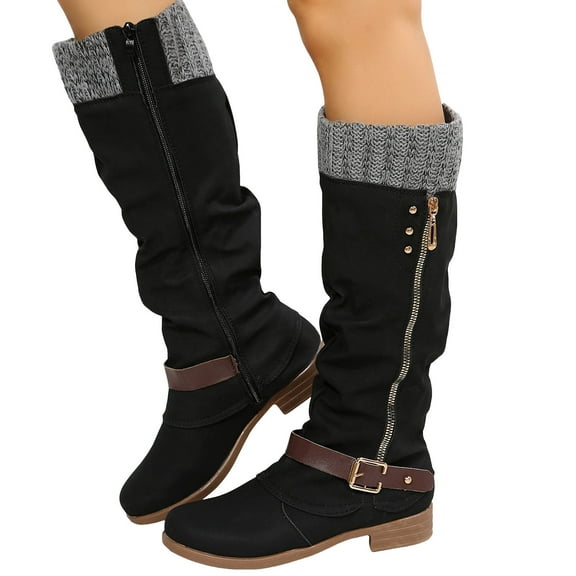 Fall Winter Knee High Slouchy Boots for Women Buckles Knit Patchwork Slouch Wide Mid Calf Fold over Tall Boots