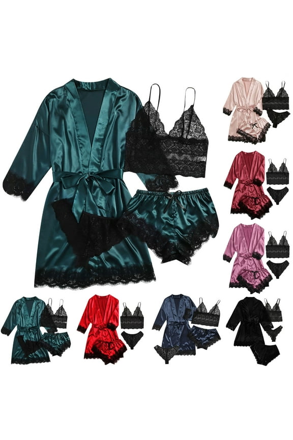 Fall/Winter Ladies Nightwear Akafmk 4PC Women's Pajama Sets,Silk Satin Pajamas for Women Set,Causal Homewear Pajamas Sets Lace Cami Sleepwear with Robe Lounge Set Nightwear Sleepwear 4PC Sets XXL