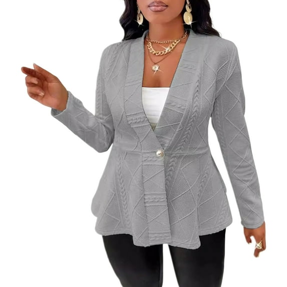 Fall Winter Lady Suit Coat Single Button Textured Jaquard Solid Color Mid Length Deep V Neck Long Sleeves Formal Business Style Lady Commuting Jacket