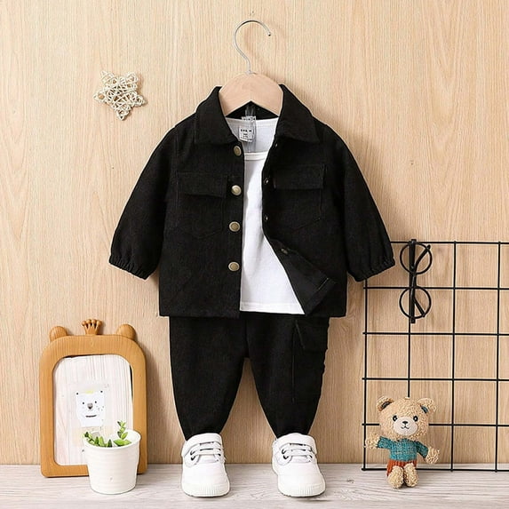 Fall Winter Little Boys Clothing Sets 3pcs Toddler Baby Long Sleeve T-Shirt Jackets and Jeans Casual Outfits for Gifts,Black 2,2 Years