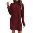 thumbnail image 1 of Fall Winter Long Sleeve Turtleneck Ribbed Pullover Casual Mini Sweaters Dress, 1 of 6