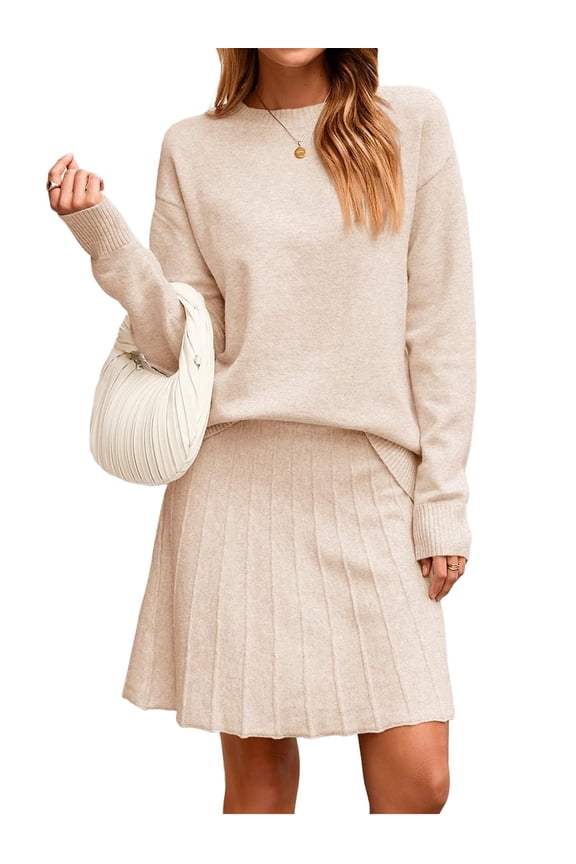 Fall Winter Long Sleeve Women 2 Piece Skirt Sets Solid Color Knit Sweater and Mini Skirt Set