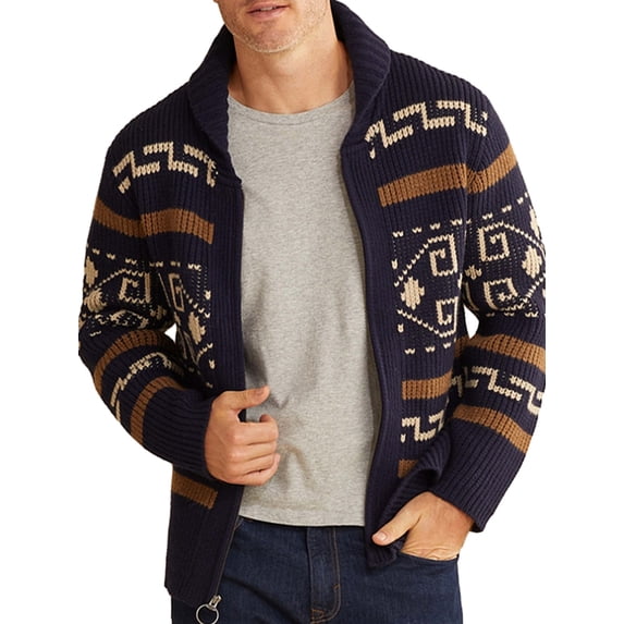Fall Winter Men Zipper Sweaters Polyester Knitted Cardigan With Geometric Print Long Sleeve Jumpers Streetwear