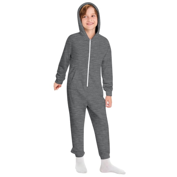 Fall/Winter New Arrivals Kids' Hooded Onesie Solid-Color Long-Sleeve Zipper Romper Fleece-Lined for Warmth with Pockets Cute and Fun for Outings,130,Dark Gray