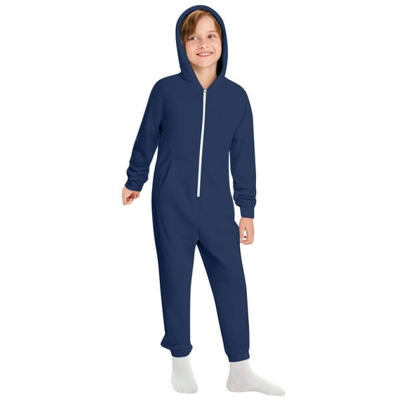 Fall/Winter New Arrivals Kids' Hooded Onesie Solid-Color Long-Sleeve Zipper Romper -Lined for Warmth with Pockets Cute and Fun for Outings,150,Navy